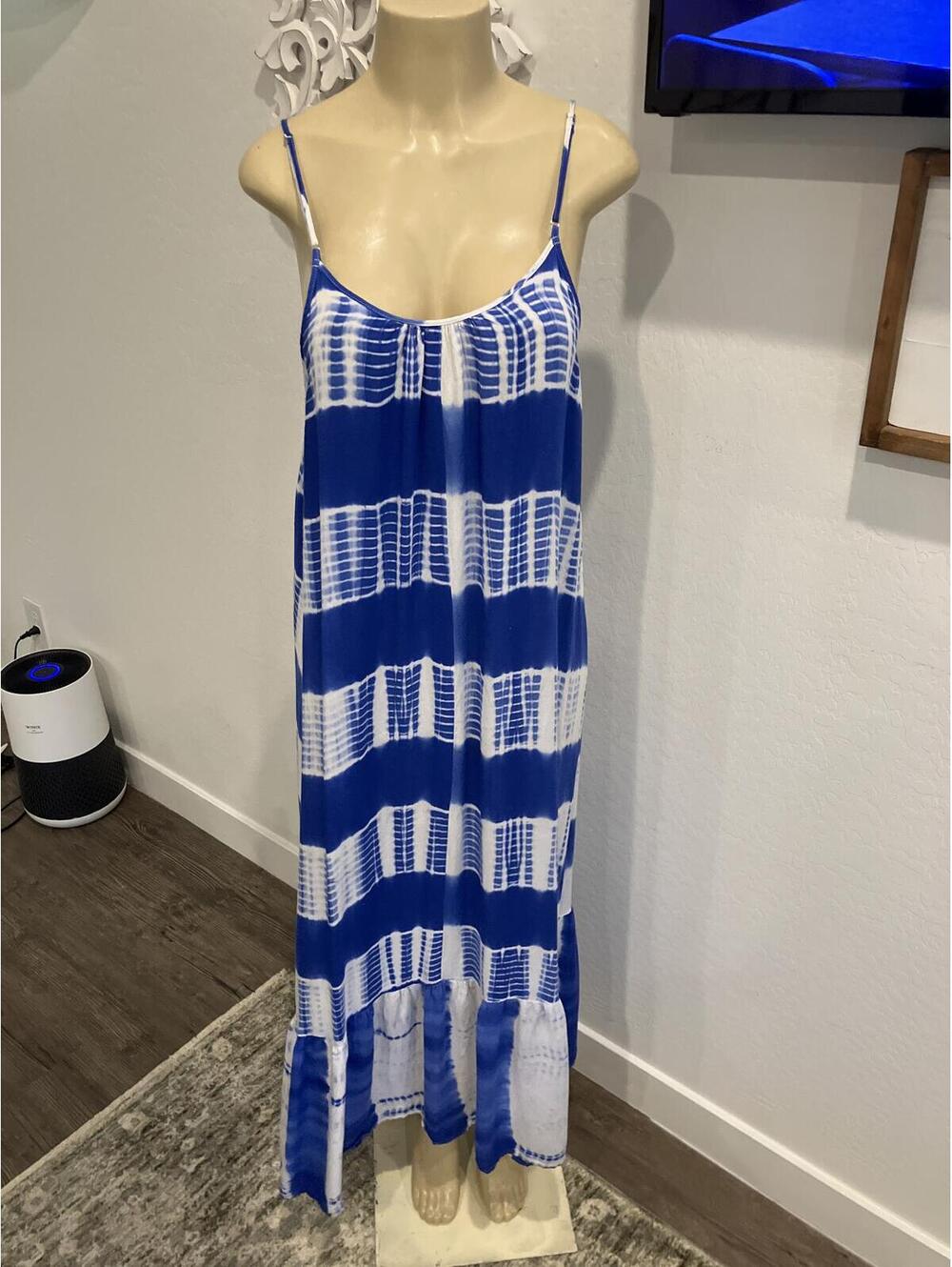 NWOT Blue and White Tie-Dye Maxi Dress with Spaghetti Straps